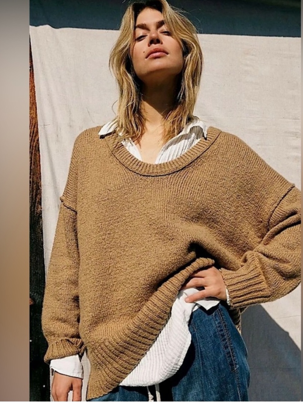 Free People Brookside Scoopneck Oversized Tunic Sweater Sz M